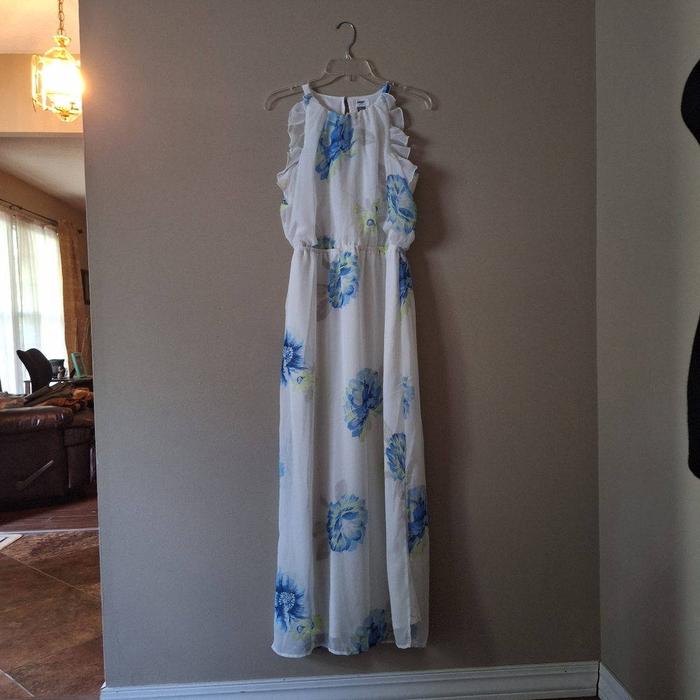 Old Navy White Dress with Blue and Green Floral Pattern Ruffles Mesh Maxi M - Picture 6 of 16